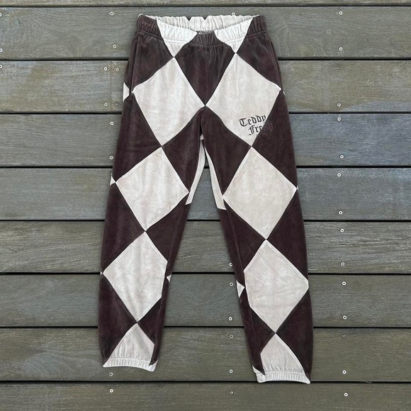 Teddy Fresh Pants - Brown/Tan Checkered Diamond Velour Teddy Fresh Sweatpants
